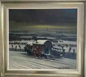 Achille van Sassenbrouck - De Sneeuwbeladen Woonwagen bij de Toren aan de Horizon verkocht voor € 669!