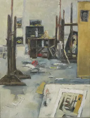 Onbekend - Olieverf op doek, Interieur van een atelier - Ingelijst kopen? Bied vanaf 70!