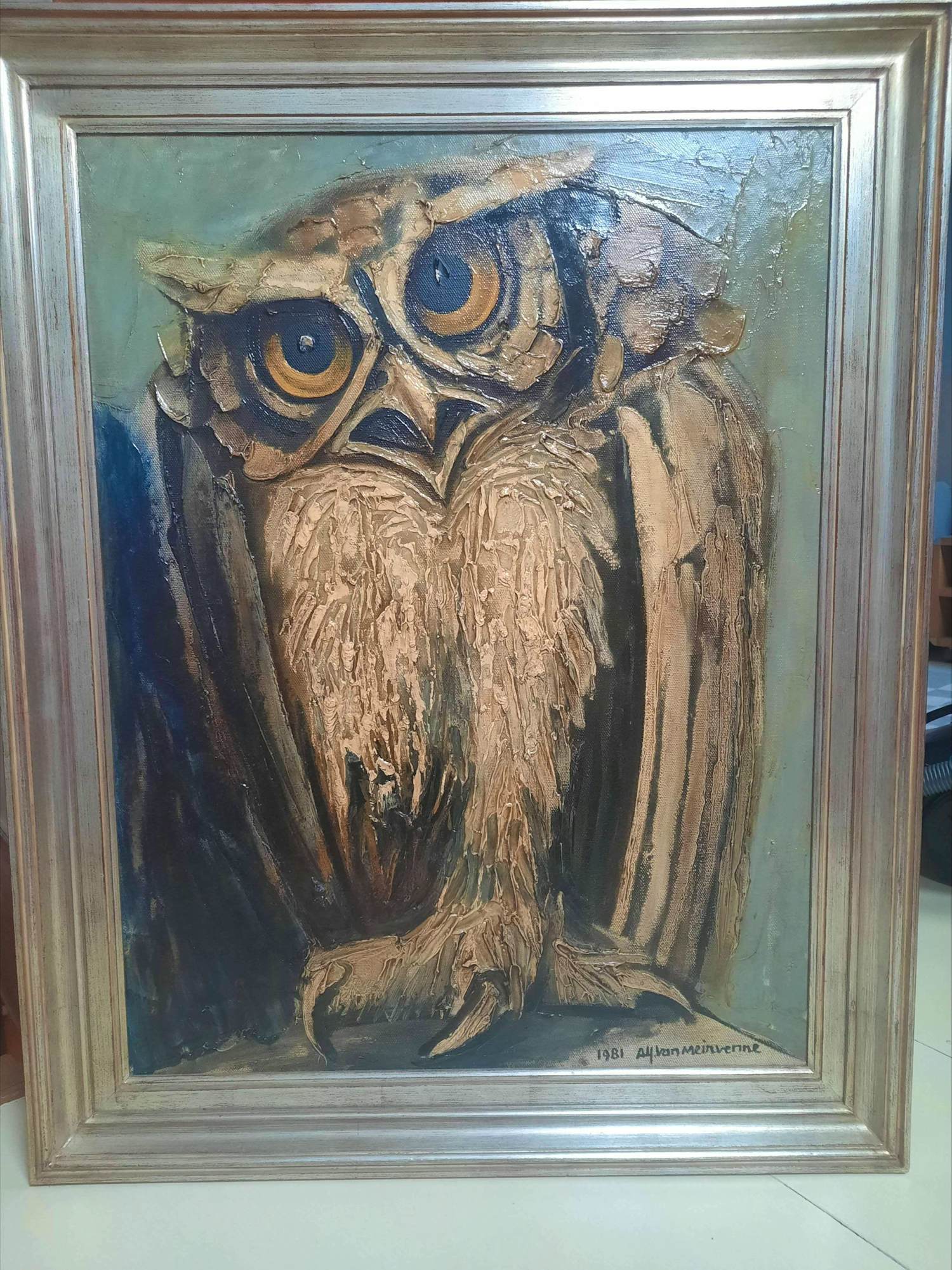 Alfons Van Meirvenne - Uil op doek in olieverf. verkocht voor € 800!