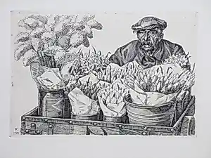 Buy Engelien Reitsma-Valenca - Bloemenverkoper - Kopergravure? Bid from 75!