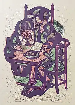 Mieke Burgers-Witteveen - Vader en kinderen aan tafel, linosnede kaufen? Bieten Sie von 35!