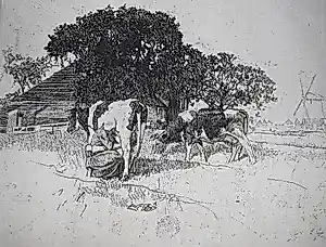 Ferdinand Schmutzer - Hollands meisje die koeien melkt - ets - handgesigneerd kaufen? Bieten Sie von 65!