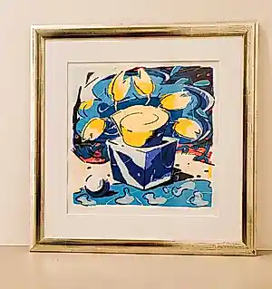 Buy Susette van de Lande - Stilleven met bloemenvaas in geel en blauw? Bid from 110!