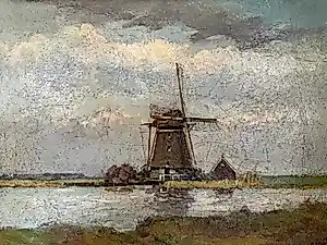 Albert Jan Oudshoorn - Molen aan rivier bij regenachtig weer kopen? Bied vanaf 195!