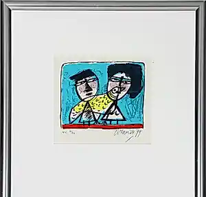 Corneille - Ingelijste litho: twee figuren en een duif - 1999 (nette lijst!) kopen? Bied vanaf 195!