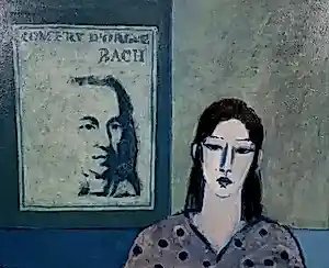 Leon Spierenburg - Ingelijste acrylverf op doek: Vrouw met affiche I - 1983 kopen? Bied vanaf 250!