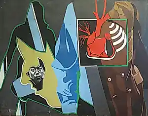 Robert Hallatu - Olieverf op doek , Molukse symboliek (?) met zelfportret – Lijst, 103 x 133 cm. verkauft für € 150!