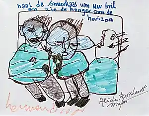 Buy Herman Brood - Haal de smeerkaas van uw bril, tekening met viltstift (uit Villa Felderhof!)? Bid from 1500!