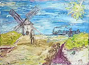 Pieter Haan - Acryl op doek, Landschap met molen en stoomtrein kaufen? Bieten Sie von 20!