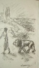 Max Liebermann - -FLÖTE SPIELENDES KIND GEFOLGT VON EINEM LÖWEN- Lithografie, numeriert verkocht voor € 140!