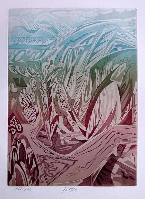 Franz Eggenschwiler - Aquatintaradierung in Farbe, handsigniert, numeriert, 1974 verkocht voor € 100!
