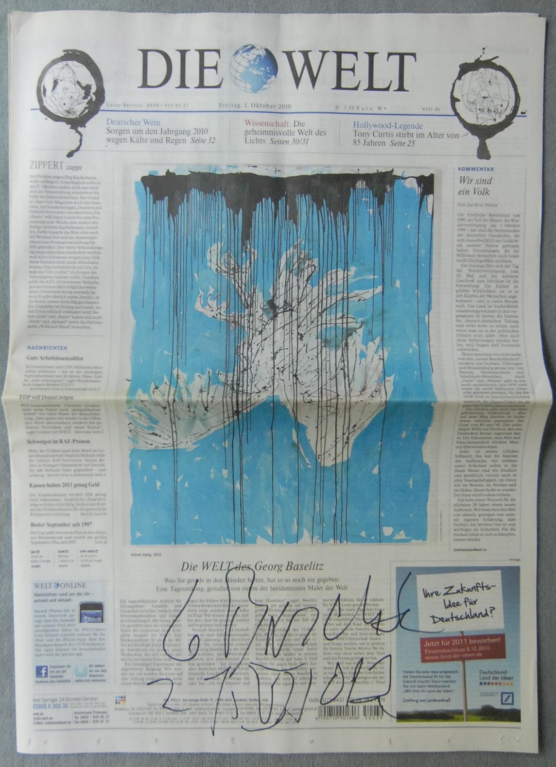 Georg Baselitz - Ausgabe der Tageszeitung "DIE WELT&quot; vom 01. Oktober 2010, handsigniert verkocht voor € 180!