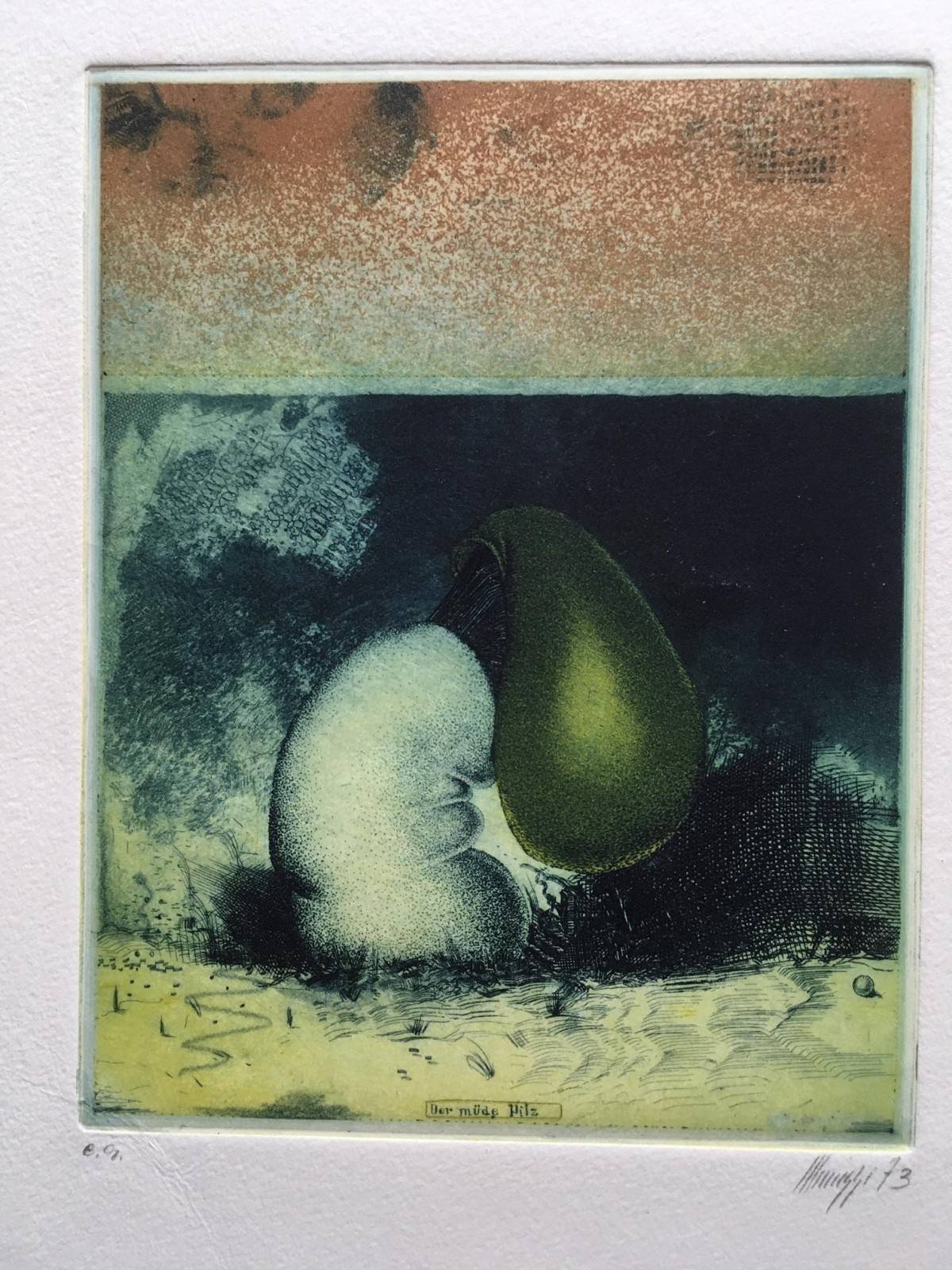 Maurilio Minuzzi - Der müde Pilz, Farbradierung, 1973 verkocht voor € 50!