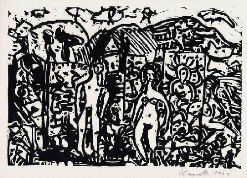 Diether KUNERTH - Dorfleben in Ardahan am Vansee - Osttürkei - OriginalLinolschnitt 1974 signiert verkocht voor € 40!