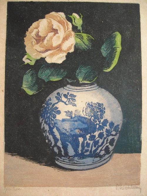 Paul Leschhorn - Farbholzschnitt: Gelbe Rose kopen? Bied vanaf 110!