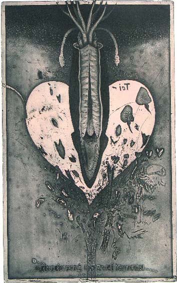 Rainer Pöhlitz - Farbradierung, MeinDeinHerzhatzweiKammern, 1984 verkocht voor € 45!