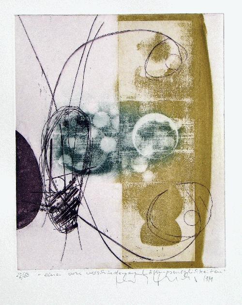 Harald Fuchs - Farbradierung, Titel: "eine von verschiedenen Lösungsmöglichkeiten&quot; 1991 verkocht voor € 45!