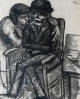 Else Meidner - Frau und Tod mit Bowler, Kohlezeichnung 1956 verkocht voor € 1600!
