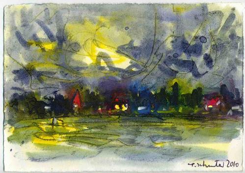 Peter Schunter - GEWITTER-STIMMUNG auf dem LAND - Handsigniertes OriginalAquarell des WEST-BERLINER REALISTEN 2010 verkocht voor € 110!