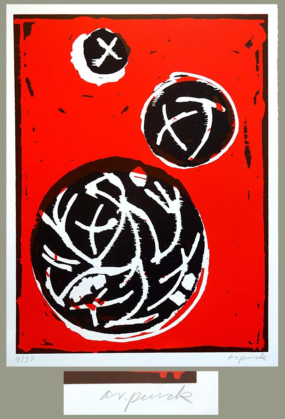 A.R. Penck - Großer Farbholzschnitt "3 Planeten" , 1990 verkocht voor € 950!