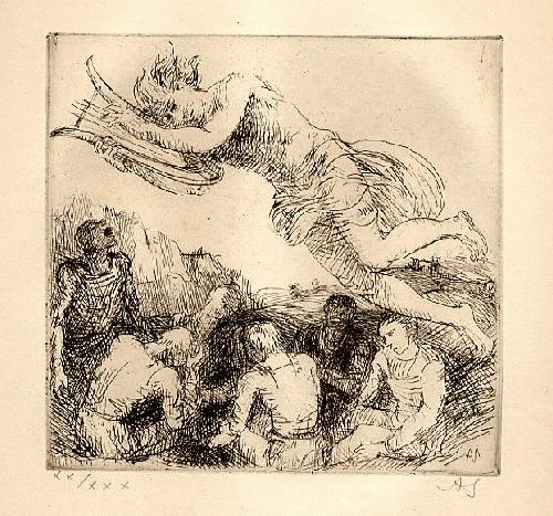 Adolf Schinnerer - GRÜNDER der NEUE SEZESSION MÜNCHEN - Handsignierte OriginalRadierung - ENGEL über UNS - 1921 verkocht voor € 68!