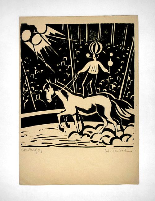 Heinz Fleischer - Im Zirkus, sign. Holzschnitt, wohl 50er Jahre. verkocht voor € 40!