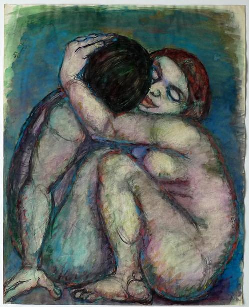 Else Meidner - Kauerndes Paar sich umarmend, Aquarell 1950 verkocht voor € 1800!