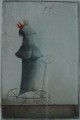 Karl-Ludwig Mordstein - Kleine Figur auf Rädern, Farbradierung 1979 verkocht voor € 50!