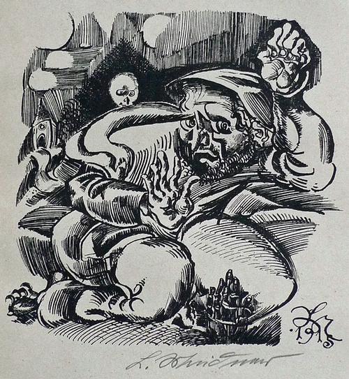 Ludwig Meidner - Knieender - im Rücken eine Erscheinung, Lichtdruck/Federlitho 1915 verkocht voor € 250!