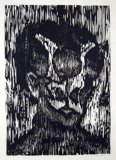 Gustav Kluge - Knochen-Schädel, Holzschnitt, 1985 verkocht voor € 35!