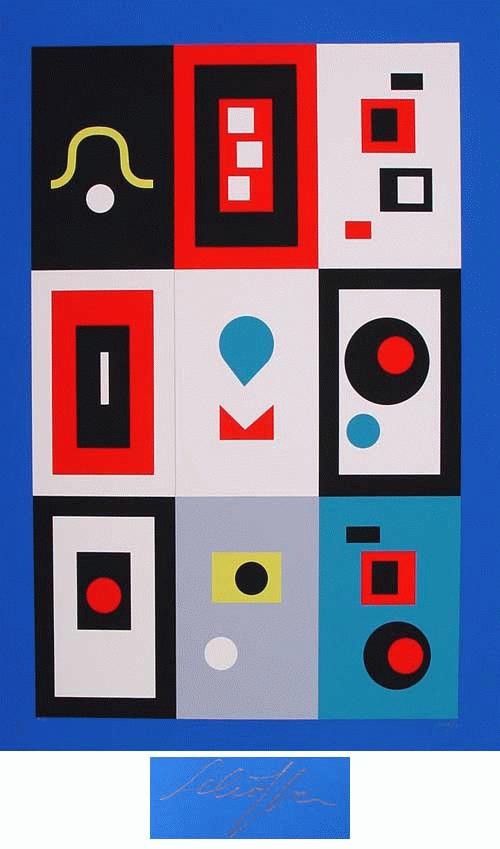 Nicolas Schöffer - - Komposition I (blauer Rand) -, großformatige Farbserigrafie, handsigniert, numeriert verkocht voor € 180!
