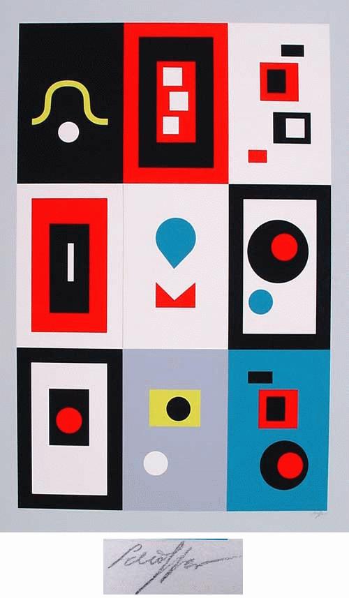 Nicolas Schöffer - - Komposition II (grauer Rand) -, großformatige Farbserigrafie, handsigniert, numeriert verkocht voor € 180!