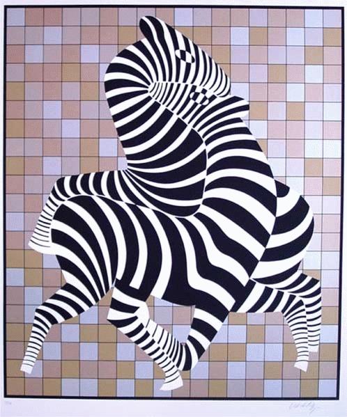 Victor Vasarely - Lithografie Zebra Couple, gold/silber, handsigniert und nummeriert verkocht voor € 800!