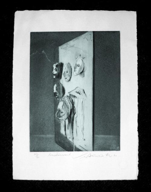 Wolfgang Werkmeister - Maskenwand. Radierung, 1990. verkocht voor € 45!