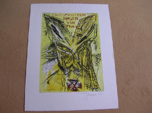 Jonathan Meese - Meese &#180;04, Großmeisterin Hagen von Tronje, vorderseitig signiert verkocht voor € 500!