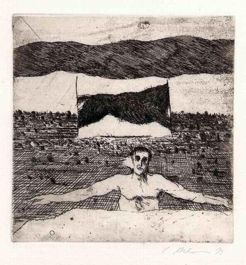 Peter Ackermann - Mit OFFENEN ARMEN & HALBEM WOLF - Handsignierte OriginalRadierung des PHANTASTISCHEN REALISTEN - HDK verkocht voor € 42!