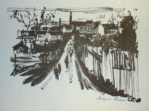 Gottfried Richter - Original-Lithographie, "Vorstadtstraße&quot; handsigniert verkocht voor € 49!