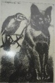Otto Lackenmacher - Otto Lackenmacher: Katze mit Vogel, Radierung verkocht voor € 70!