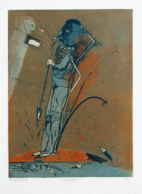 Rainer Pöhlitz - Pöhlitz, Rainer : Farbradierung, Glücksjäger, 1988 verkocht voor € 70!