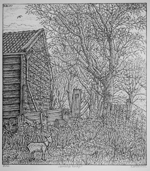 Rudolf Bremmer - Radierung, Landelijk hoekje,handschriftlich signiert, nummeriert, datiert verkocht voor € 35!