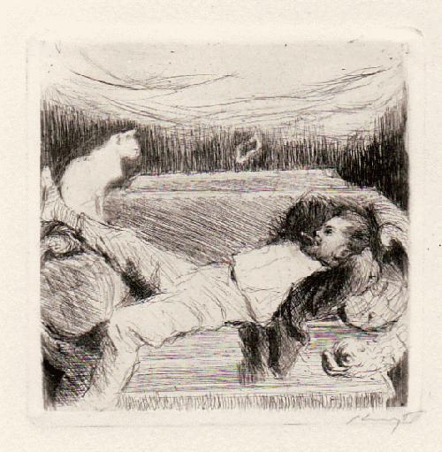 Max Slevogt - Selbstbildnis mit Katze // Original-Radierung, signiert verkocht voor € 250!