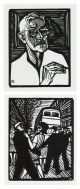 Conrad Felixmüller - SELBSTBILDNIS MIT ZEICHNENDER HAND I / STRASSE II. Zwei Originalholzschnitte 1965 verkocht voor € 65!