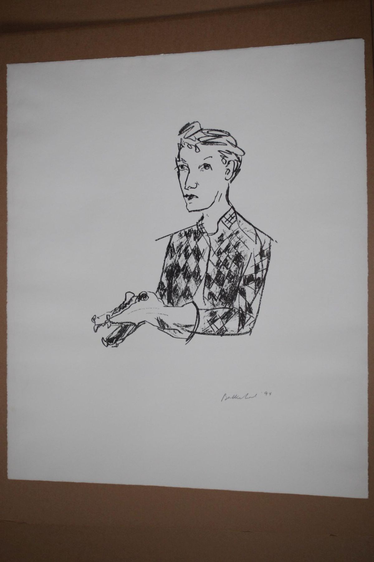Stephan Balkenhol - STEPHAN BALKENHOL:Lithographie signiert und datiert "Mann mit Krokodilhandpuppe&quot; verkocht voor € 200!