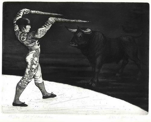 Dick Stolwijk - STIERKAMPF: SOL y SOMBRA - Handsign.OriginalRadierung des AMSTERDAMer aus INDONESIEN 1968 für SELAS verkocht voor € 65!