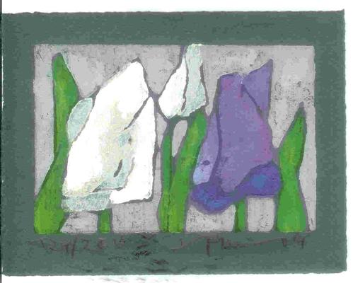 Klaus Fussmann - Tulpen weiß/violett--Farblinolschnitt --handsign.--2009--Auflage 200 verkocht voor € 165!