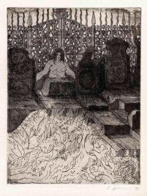 Peter Ackermann - WEIBLICHER AKT auf FRIEDHOF Handsignierte OriginalRadierung des PHANTASTISCHEN REALISTEN HDK BERLIN verkocht voor € 52!