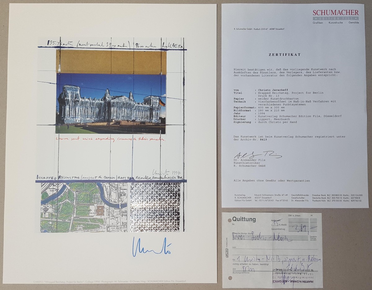 Christo - Wrapped Reichstag Berlin Nr. XIII, handsigniert mit Zertifikat verkocht voor € 190!