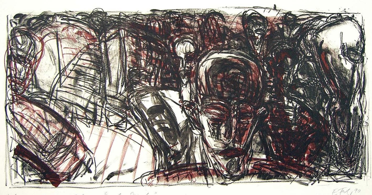 Ellen Fuhr - zu Rilke &#8220;Ernste Stunde&#8221; (II), Lithografie 2-farbig, 1990 verkocht voor € 52!