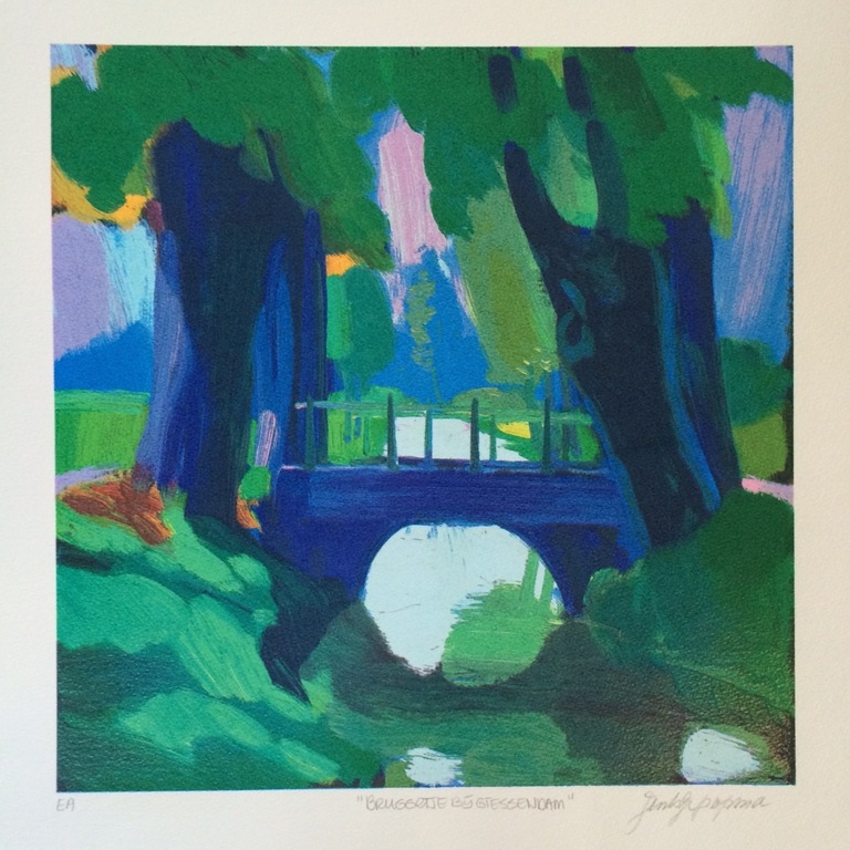 Jentsje Popma, zeefdruk op papier, Titel: Bruggetje bij Giessendam verkocht voor € 50!