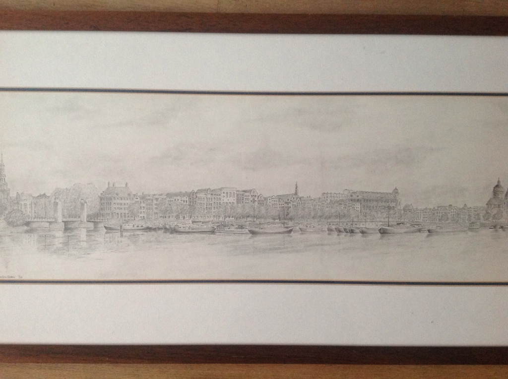 Onbekend, grote ingelijste potloodtekening, Prins Hendrikkade Amsterdam, gesign. kopen? Bied vanaf 1!